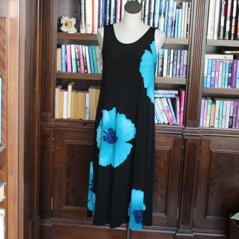 Women's Maxi Tank Dress Sleeveless Blue & Black Floral Print - Picture 1 of 6